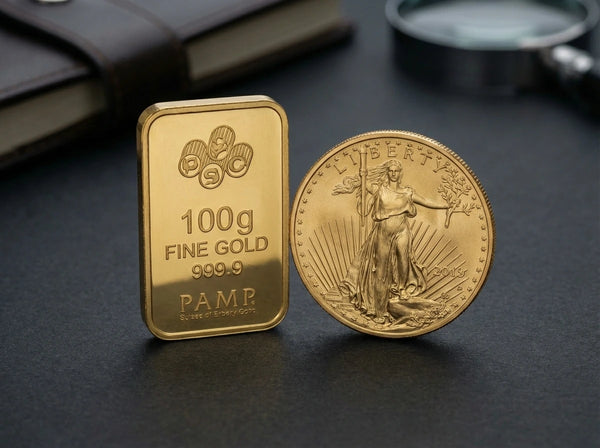 Goldmünze und Goldbarren im Vergleich